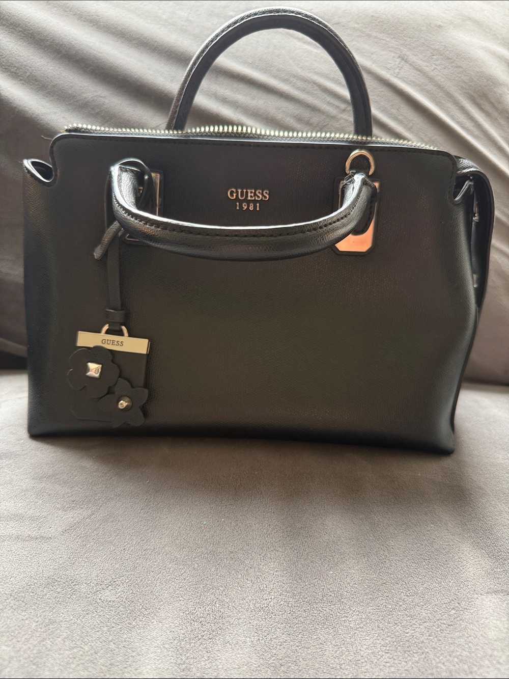 GUESS Black Saffiano Satchel with Floral Tag